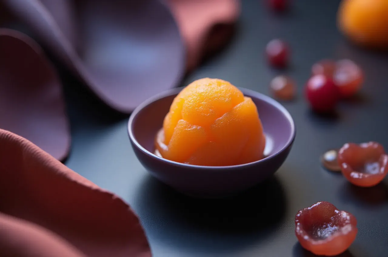 Bursztynowy sorbet z rokitnika w zbliżeniu